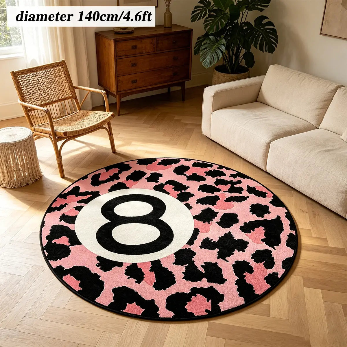 8 Ball Leopard Print Round Rug for Game Room, Man Cave, Dorm & Teen Bedroom, Soft Non-Slip Round Accent Rug, Anti Skid Rug, Perfect Retro Gift