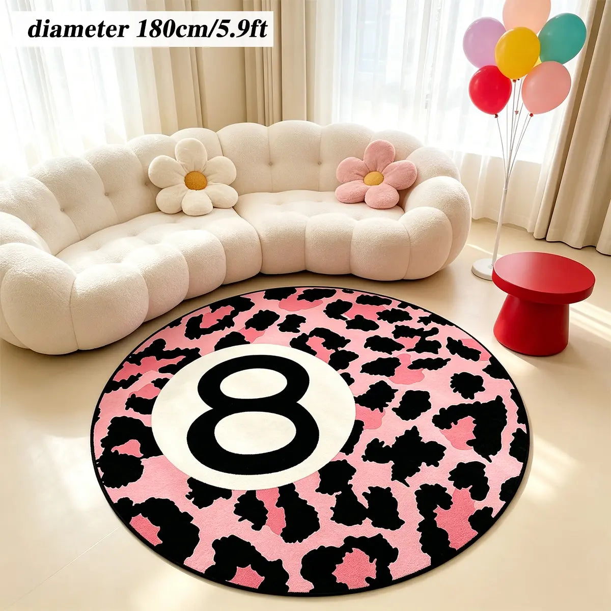 8 Ball Leopard Print Round Rug for Game Room, Man Cave, Dorm & Teen Bedroom, Soft Non-Slip Round Accent Rug, Anti Skid Rug, Perfect Retro Gift
