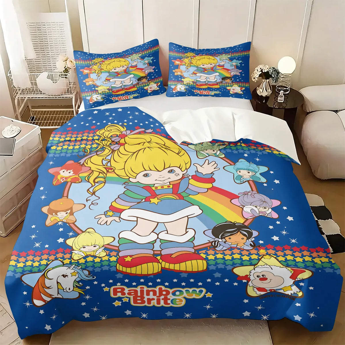 Light Green Strawberry Girl Cartoon Duvet Cover Set-1 Duvet & 1-2 Pillowcases-Strawberry Girl with Pink Kitten, Strawberry and Cupcake-Comfortable Breathable-Kids Bedroom Decor-Nostalgic Gift for Fans
