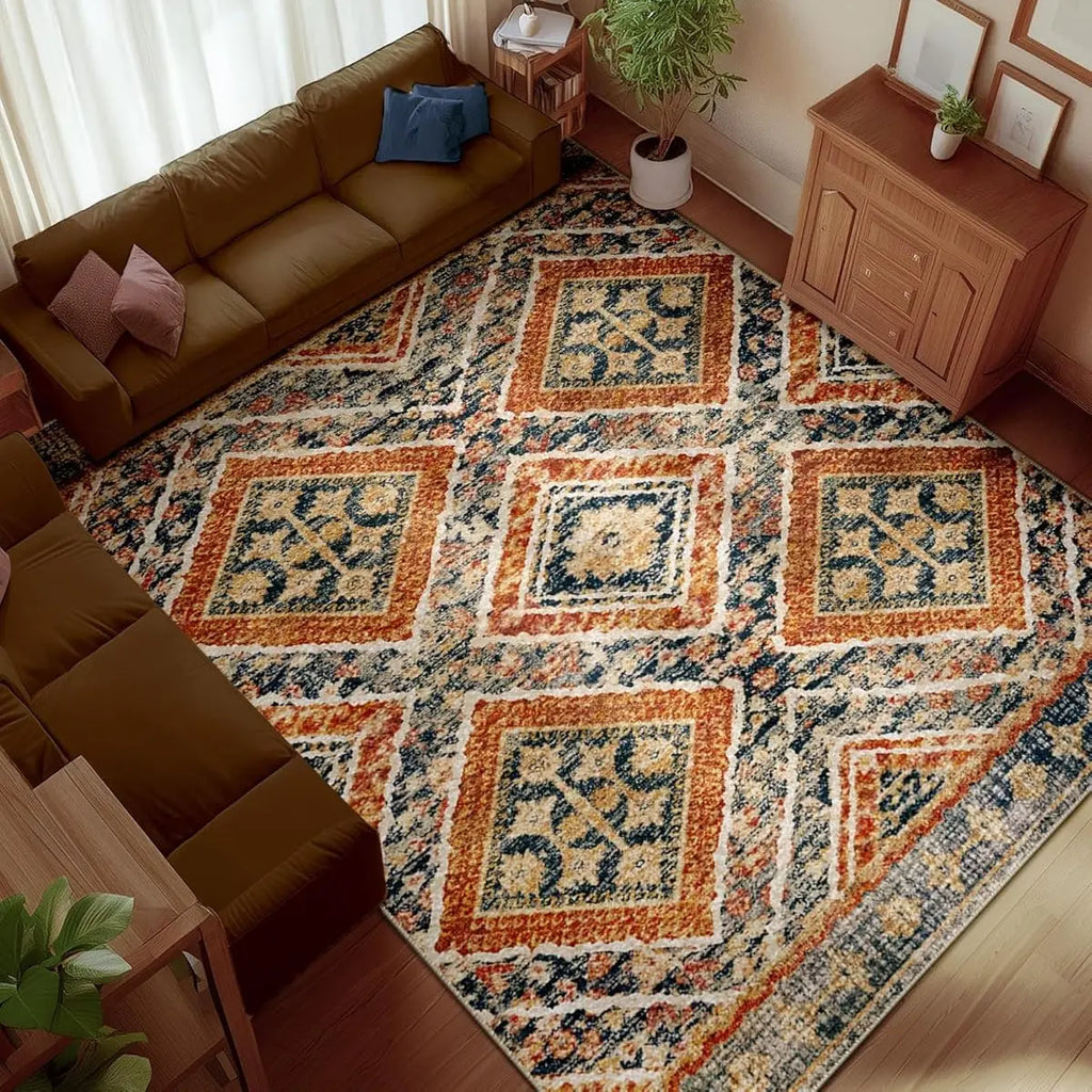 BESTSWEETIE Indoor Area Rugs - 8x10/9x12/10x14 Large Geometric Boho Rugs, Soft Faux Wool Low-Pile, Machine Washable, Non-Slip, Wrinkle Resistant, Print, Easy-Maintenance Distressed Western Carpets for Living Room Decor & Bedroom, Home Essentials