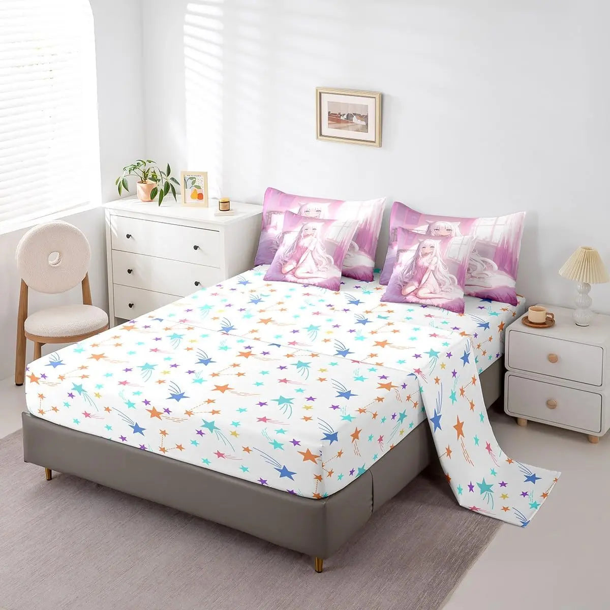 Japanese Anime 7 Piece Comforter Set,Anime Bedding Set Kawaii Japanese Style Bed in A Bag Cartoon Japan Animation Sheet Set Adult Women Bedroom,Pink, Multi-Size