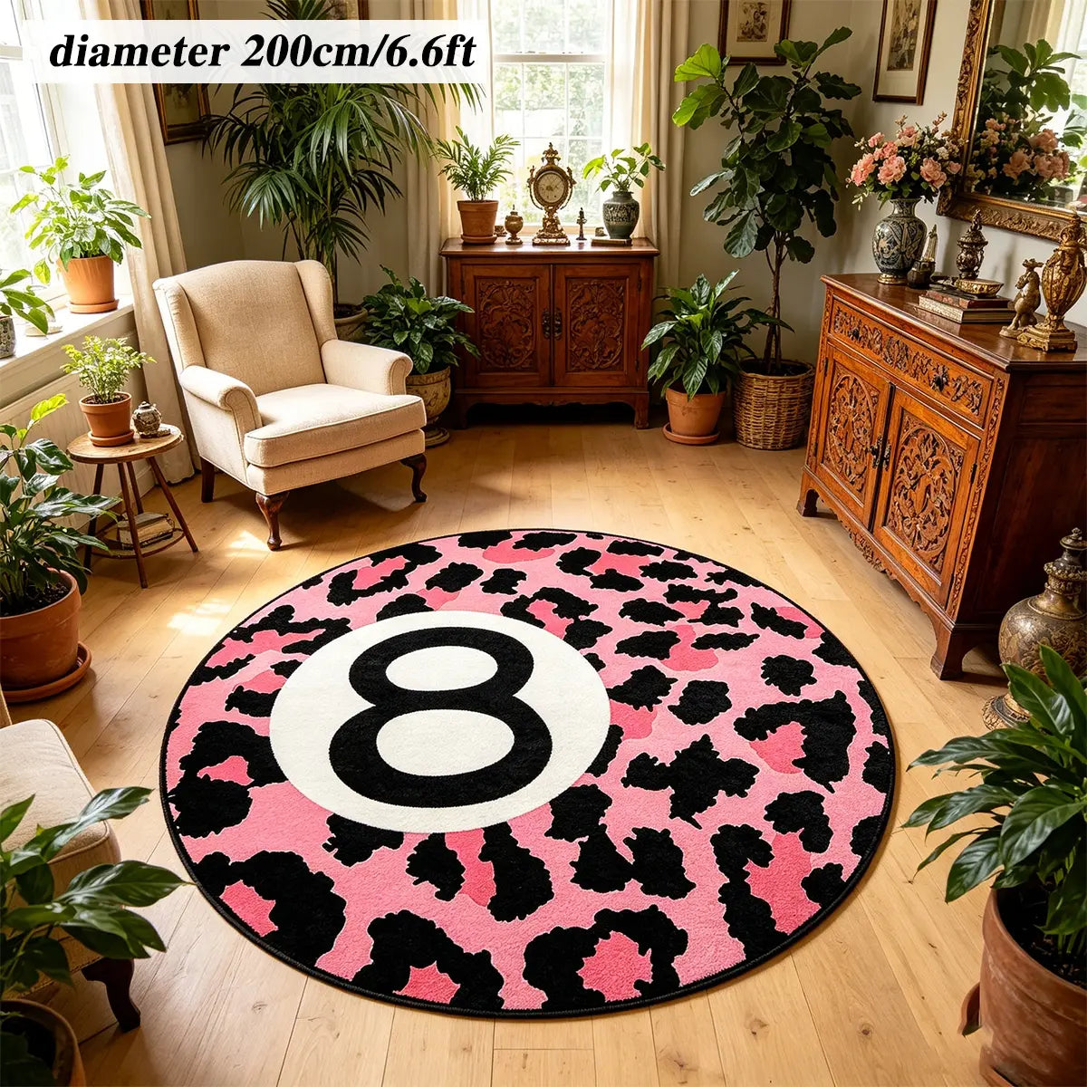 8 Ball Leopard Print Round Rug for Game Room, Man Cave, Dorm & Teen Bedroom, Soft Non-Slip Round Accent Rug, Anti Skid Rug, Perfect Retro Gift