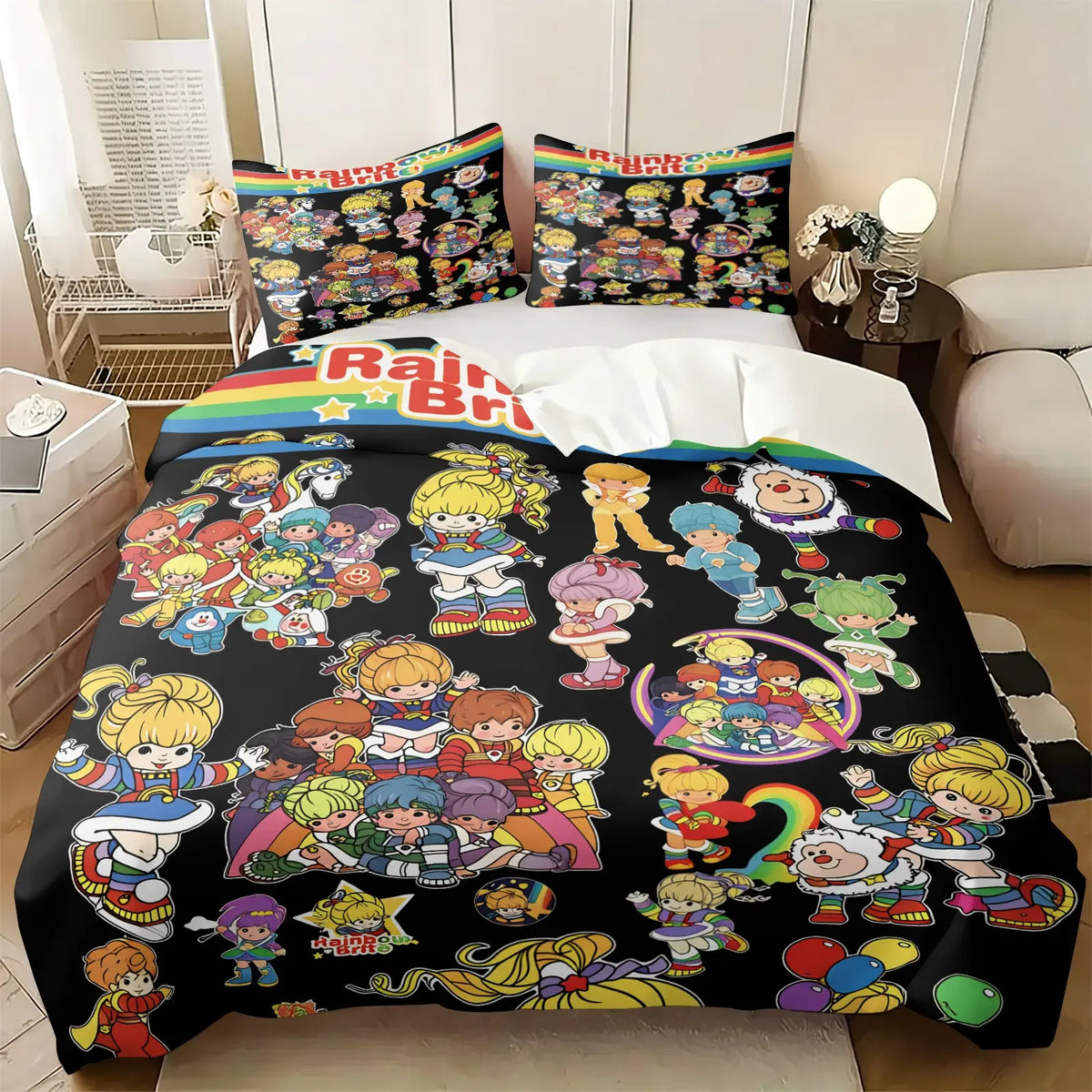 Light Green Strawberry Girl Cartoon Duvet Cover Set-1 Duvet & 1-2 Pillowcases-Strawberry Girl with Pink Kitten, Strawberry and Cupcake-Comfortable Breathable-Kids Bedroom Decor-Nostalgic Gift for Fans