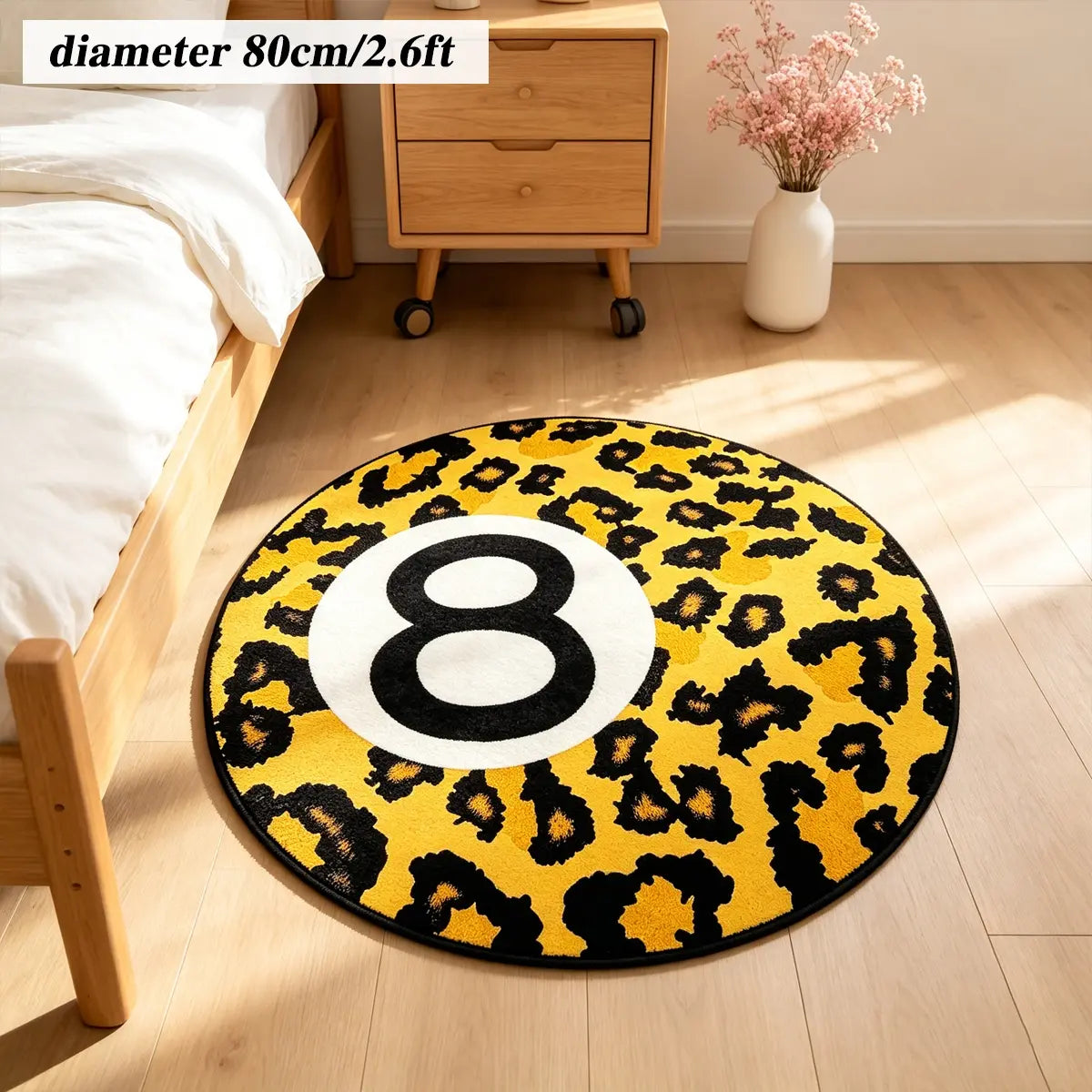 8 Ball Leopard Print Round Rug for Game Room, Man Cave, Dorm & Teen Bedroom, Soft Non-Slip Round Accent Rug, Anti Skid Rug, Perfect Retro Gift