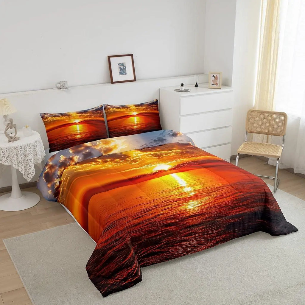 Feelyou Multi-Size Beach-Themed Marine Duvets & Sets,Sea Sunset Ocean Landscape Down Comforter Set for Room Decor (No Sheets),Beach-Themed Duvets & Sets