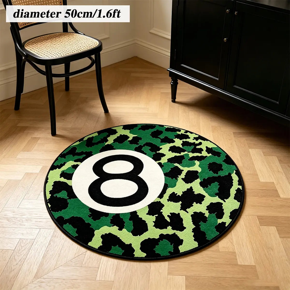 8 Ball Leopard Print Round Rug for Game Room, Man Cave, Dorm & Teen Bedroom, Soft Non-Slip Round Accent Rug, Anti Skid Rug, Perfect Retro Gift