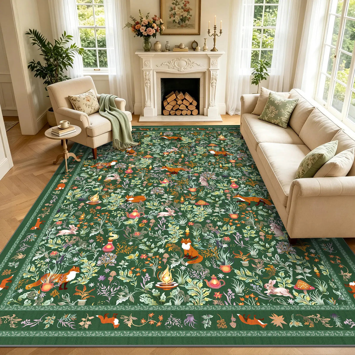 Geanup Vibrant Fox-Mushroom Magic Rug - Non-Slip, Soft, Thin Whimsical Animal Carpet with Vivid Color Hold, Room Decor & House Decor Accent for Living Room, Bedroom