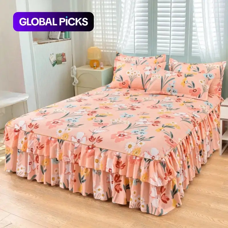 Floral Print Ruffled-Edge Bed Skirt Set, 3 Counts/set Bed Skirt & Pillowcases (No Filler), Soft Bed Sheet Sets, Comfortable & Breathable Bedding for Home Bedroom, Machine Washable Bed Accessory #GLOBAL PICKS