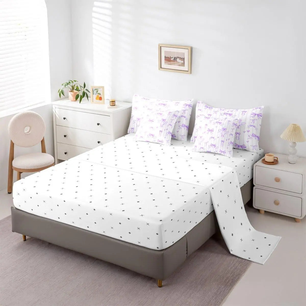 Feelyou 7-Pieces Princess Purple Ribbon Bow Bedding Set - Ribbon Bow Bed Bag with Sheets, Love Heart Bowknot Comforter, Purple Stripes Romantic Soft Furnishings for Girls, Bed Comforter Set