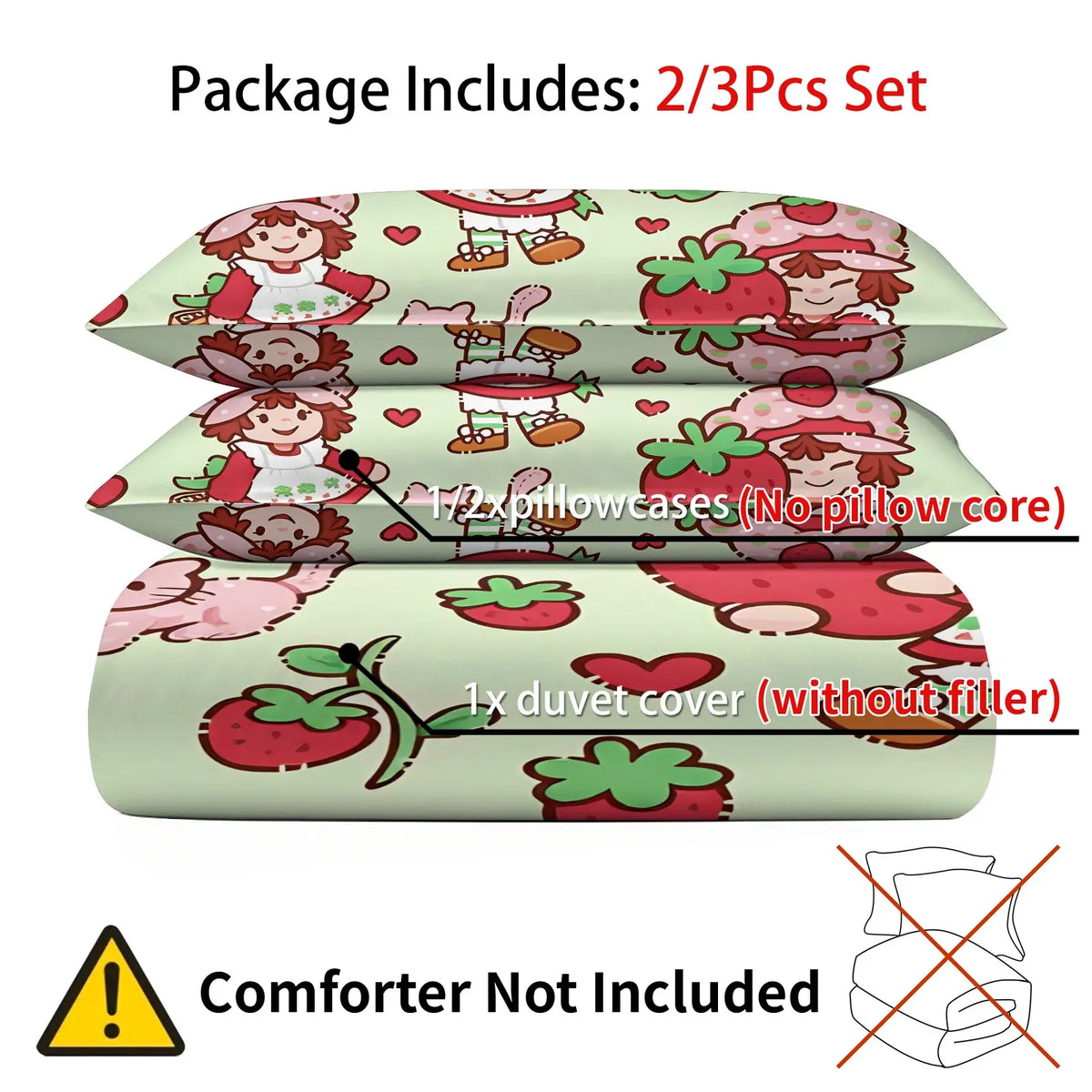 Light Green Strawberry Girl Cartoon Duvet Cover Set-1 Duvet & 1-2 Pillowcases-Strawberry Girl with Pink Kitten, Strawberry and Cupcake-Comfortable Breathable-Kids Bedroom Decor-Nostalgic Gift for Fans