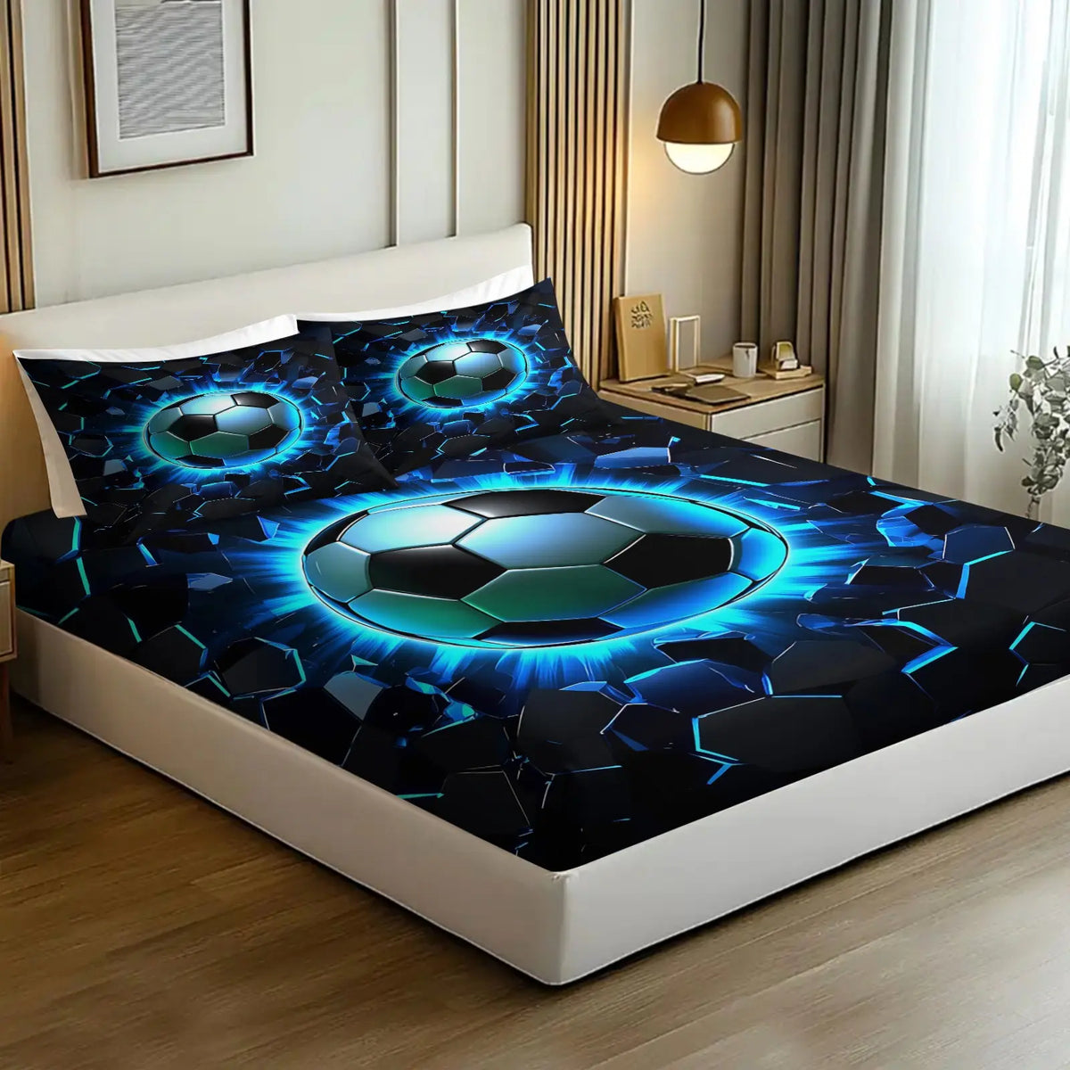 Soccer Fitted Sheet Set Queen Size Breathable Fabric, 3Pcs Football Games Bedding Set Bed Sheet Set for Boys Teens,Sports Theme Bed Cover for Bedroom Decor, 1 Fitted Sheet + 2 Pillowcases