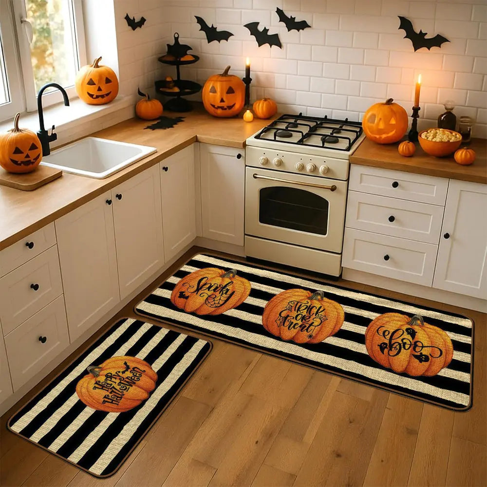 Set of 2 Halloween Pumpkin Style Kitchen Rugs, Washable Non-Slip, Low Profile Floor Mats for Kitchen, Laundry Room, Hallway, Entrance Mat
