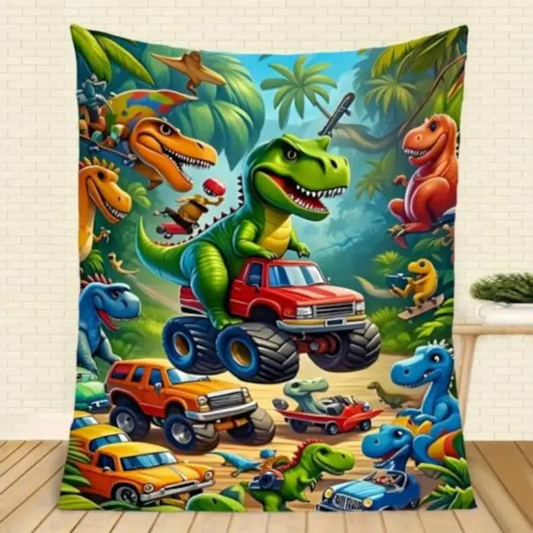Cute Dinosaur Pattern Multifunctional Blanket for Kids, Soft Flannel Dino-Car Throw, Lightweight Travel Blanket for Travel Days, Machine Wash Easy Care, Toddler Jurassic T-Rex Bedding, Christmas Gift Option