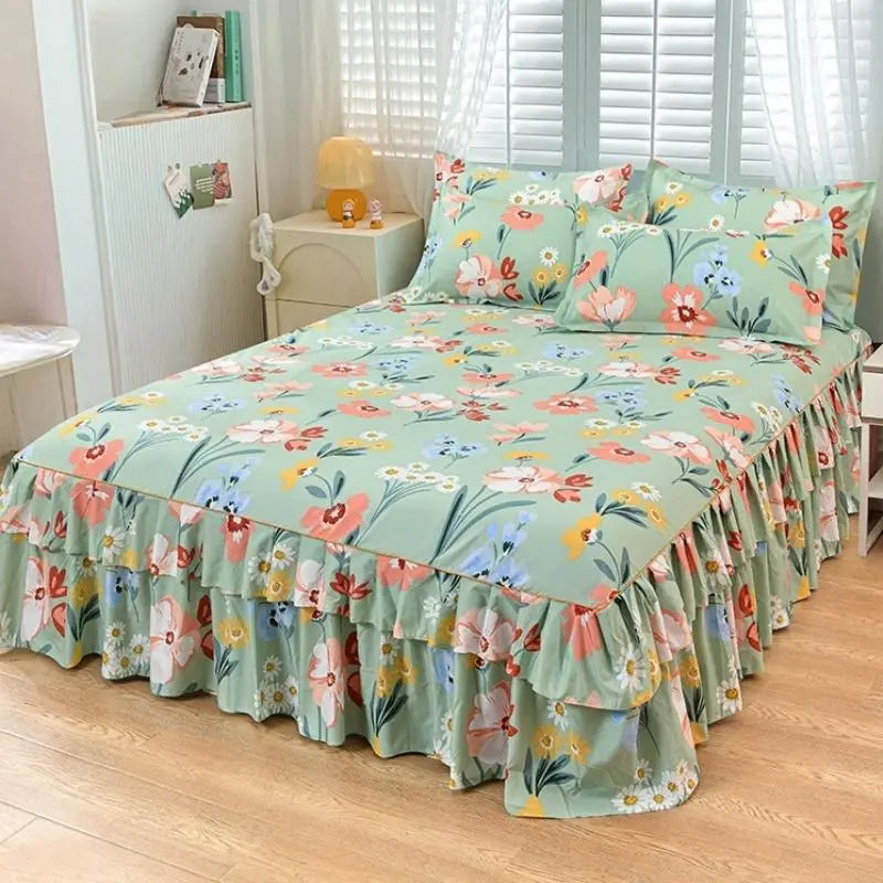 Floral Print Ruffled-Edge Bed Skirt Set, 3 Counts/set Bed Skirt & Pillowcases (No Filler), Soft Bed Sheet Sets, Comfortable & Breathable Bedding for Home Bedroom, Machine Washable Bed Accessory #GLOBAL PICKS