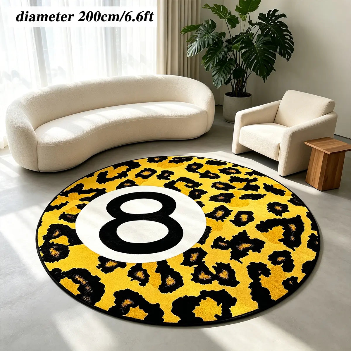 8 Ball Leopard Print Round Rug for Game Room, Man Cave, Dorm & Teen Bedroom, Soft Non-Slip Round Accent Rug, Anti Skid Rug, Perfect Retro Gift