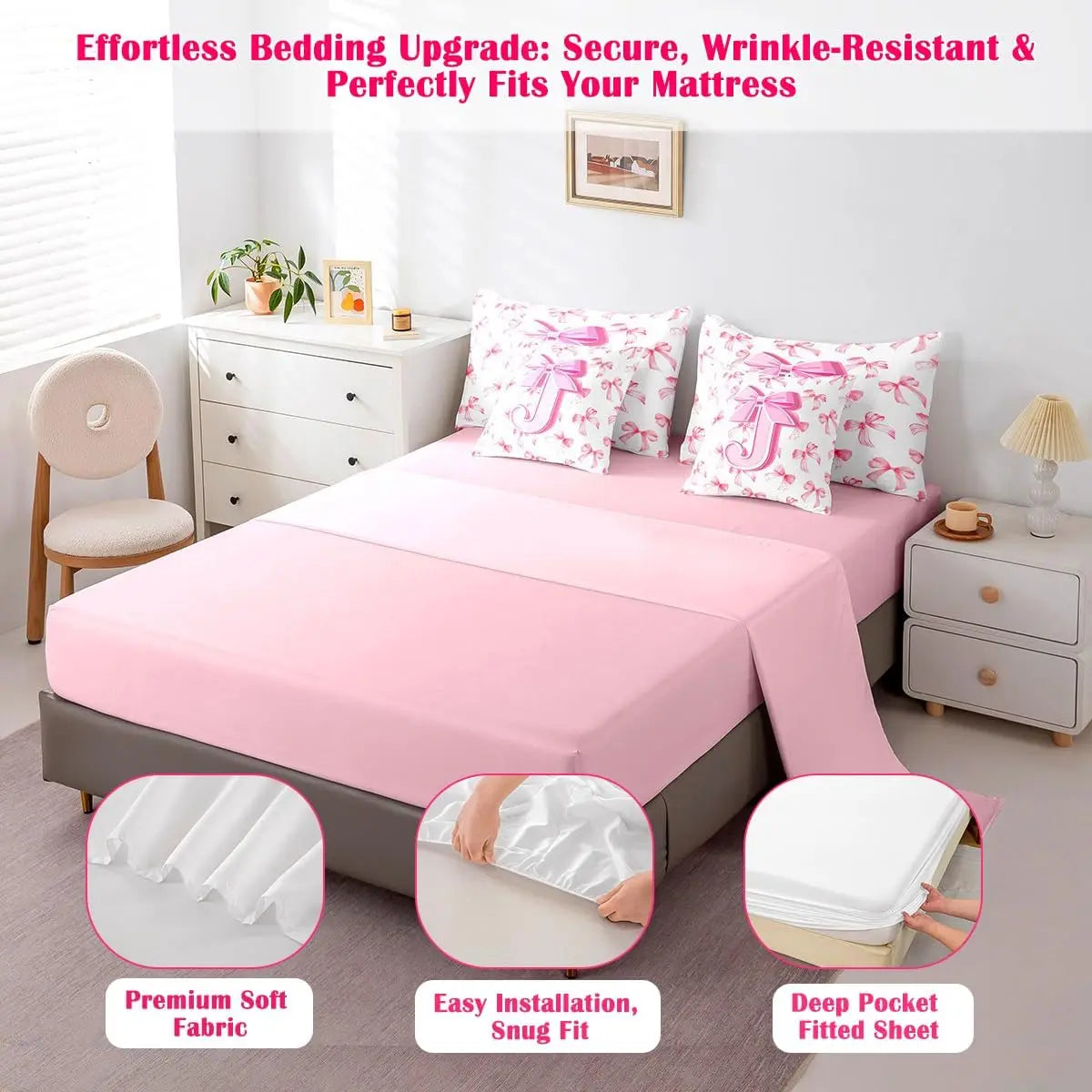 Feelyou Toddler Girl 7-Piece Monogrammed Initial J Bedding Set - Cute Bow Comforter, Sheets, Pillowcases Bed-in-a-Bag, Princess Room Soft Pink Aesthetic Cozy Pink Bedroom Setup, Toddler Girl Bedding Set, Cozy Bed Setup