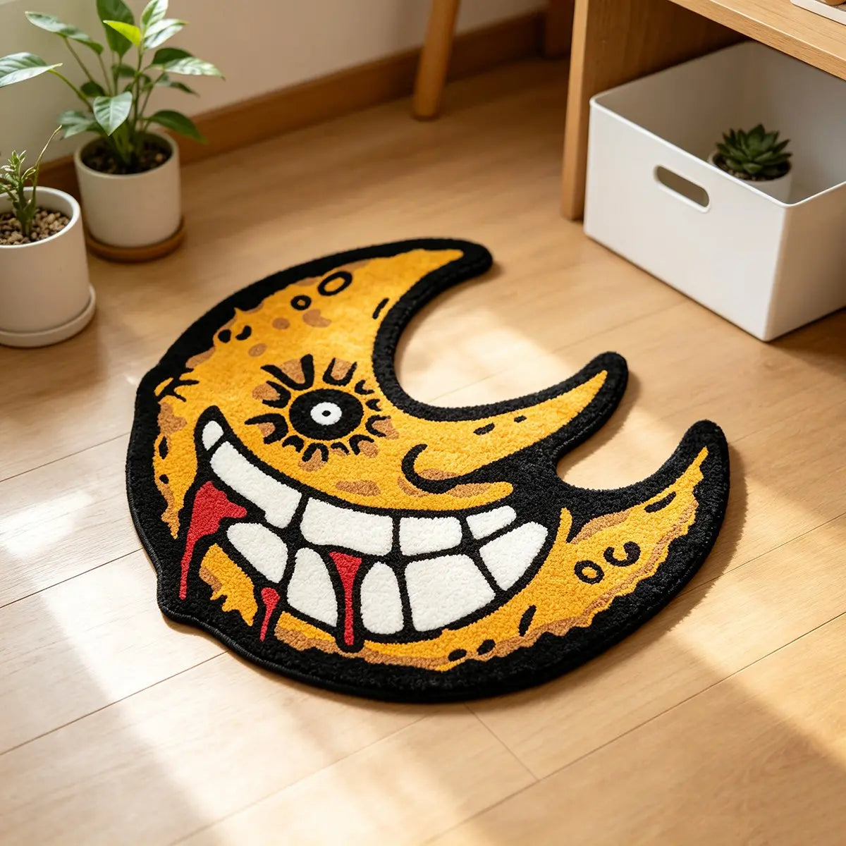 1 Piece Creepy Grinning Crescent Moon Irregular Carpet Rug, Single Eyed Bloody Fangs Halloween Design, Ultra-Soft Non-slip Machine Washable Floor Carpet Rug, Decorative Rug, Floor Rugs, Room Decoration Rug, Ideal For Bedroom & Gothic Spooky Home Decor