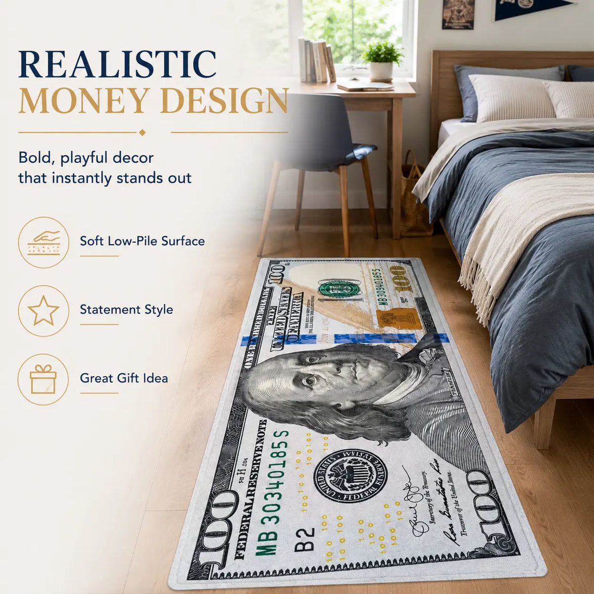 AISOON Durable Area Rug - 100 Dollar Bill Print, Non-Slip, Stain-Resistant, Ultra Thin, Polyamide, Multicolor, 22"x53"/23"x71" Decorative Rug for Entryway, Bedroom Indoor Floor Use