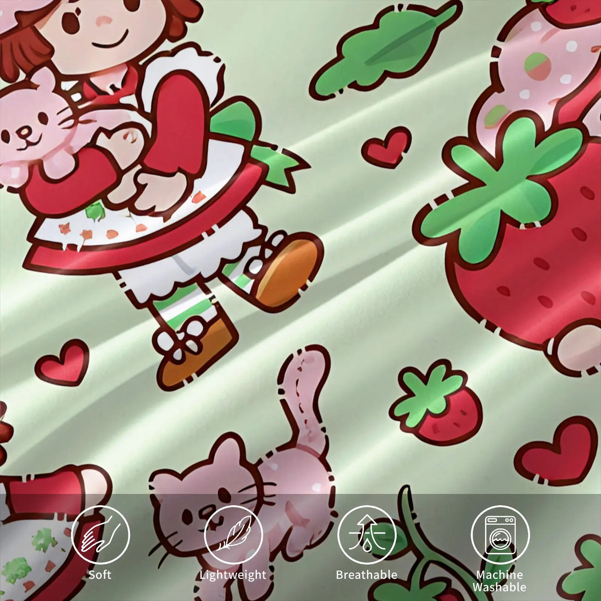 Light Green Strawberry Girl Cartoon Duvet Cover Set-1 Duvet & 1-2 Pillowcases-Strawberry Girl with Pink Kitten, Strawberry and Cupcake-Comfortable Breathable-Kids Bedroom Decor-Nostalgic Gift for Fans