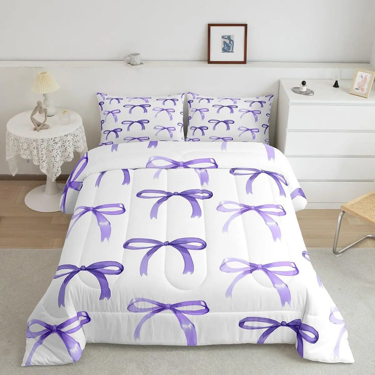 Feelyou Bow Pattern Duvet Cover Set - Ultra Soft Purple Bowknot Kids Bedding Set, Machine Washable Single Bedding, Travel-Friendly Kawaii Kids Rooms Decor