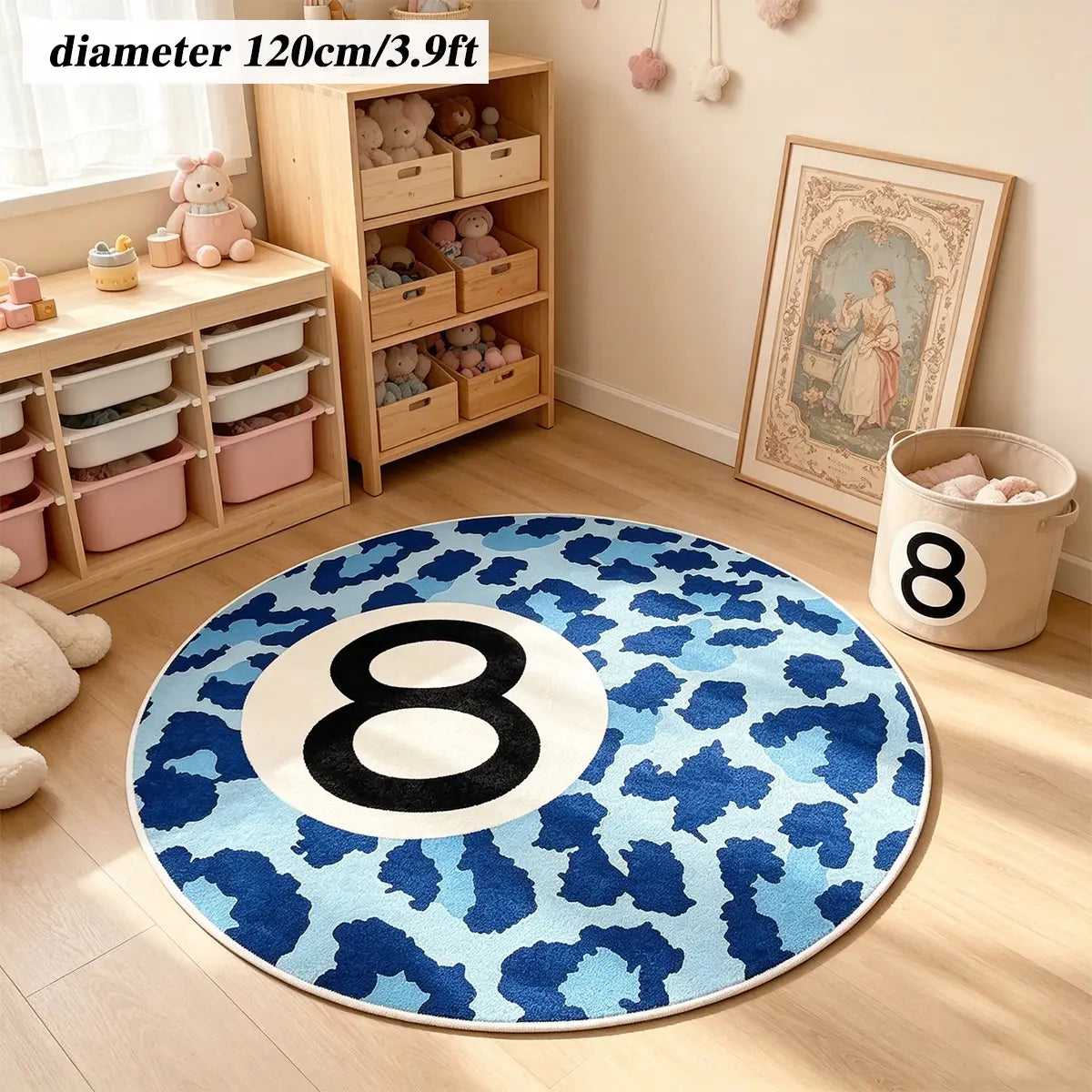 8 Ball Leopard Print Round Rug for Game Room, Man Cave, Dorm & Teen Bedroom, Soft Non-Slip Round Accent Rug, Anti Skid Rug, Perfect Retro Gift
