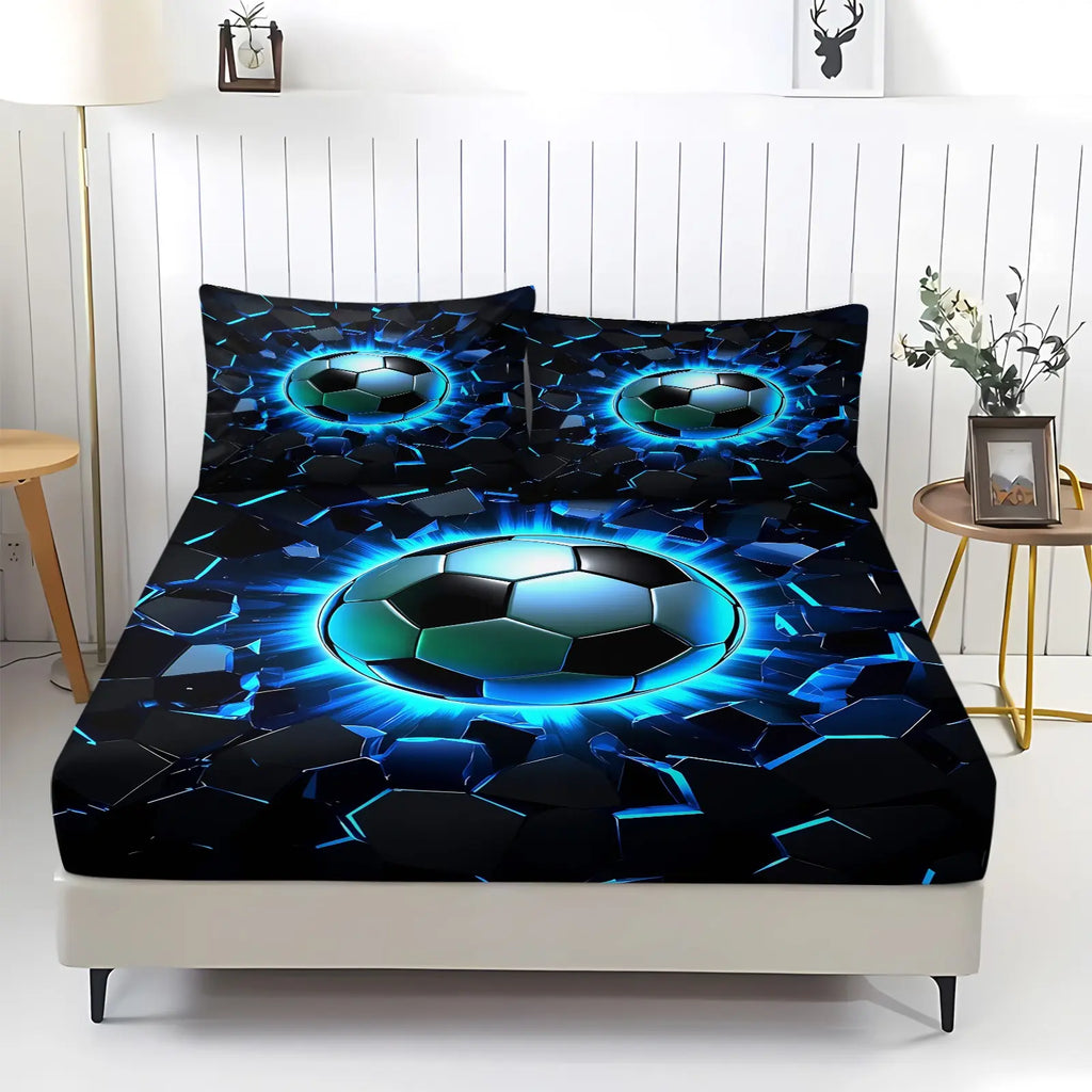 Soccer Fitted Sheet Set Queen Size Breathable Fabric, 3Pcs Football Games Bedding Set Bed Sheet Set for Boys Teens,Sports Theme Bed Cover for Bedroom Decor, 1 Fitted Sheet + 2 Pillowcases