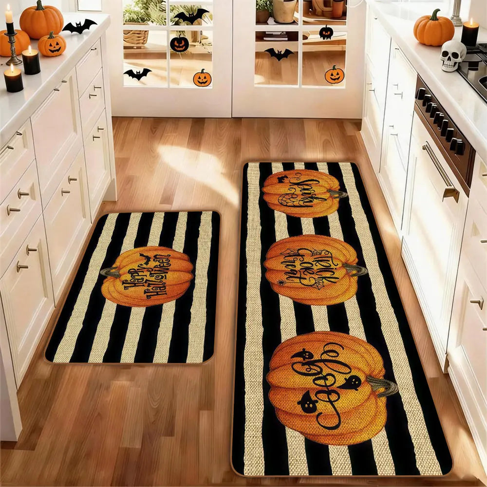 Set of 2 Halloween Pumpkin Style Kitchen Rugs, Washable Non-Slip, Low Profile Floor Mats for Kitchen, Laundry Room, Hallway, Entrance Mat