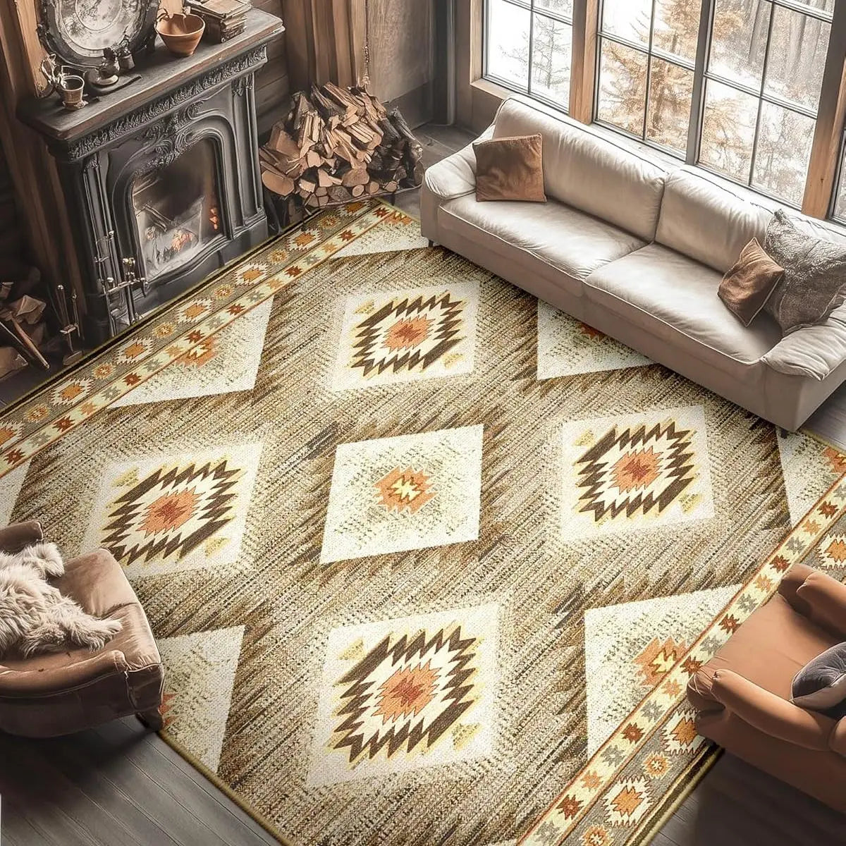BESTSWEETIE Indoor Area Rugs - 8x10/9x12/10x14 Large Geometric Boho Rugs, Soft Faux Wool Low-Pile, Machine Washable, Non-Slip, Wrinkle Resistant, Print, Easy-Maintenance Distressed Western Carpets for Living Room Decor & Bedroom, Home Essentials