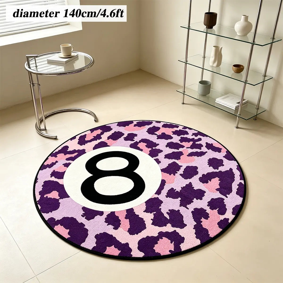 8 Ball Leopard Print Round Rug for Game Room, Man Cave, Dorm & Teen Bedroom, Soft Non-Slip Round Accent Rug, Anti Skid Rug, Perfect Retro Gift