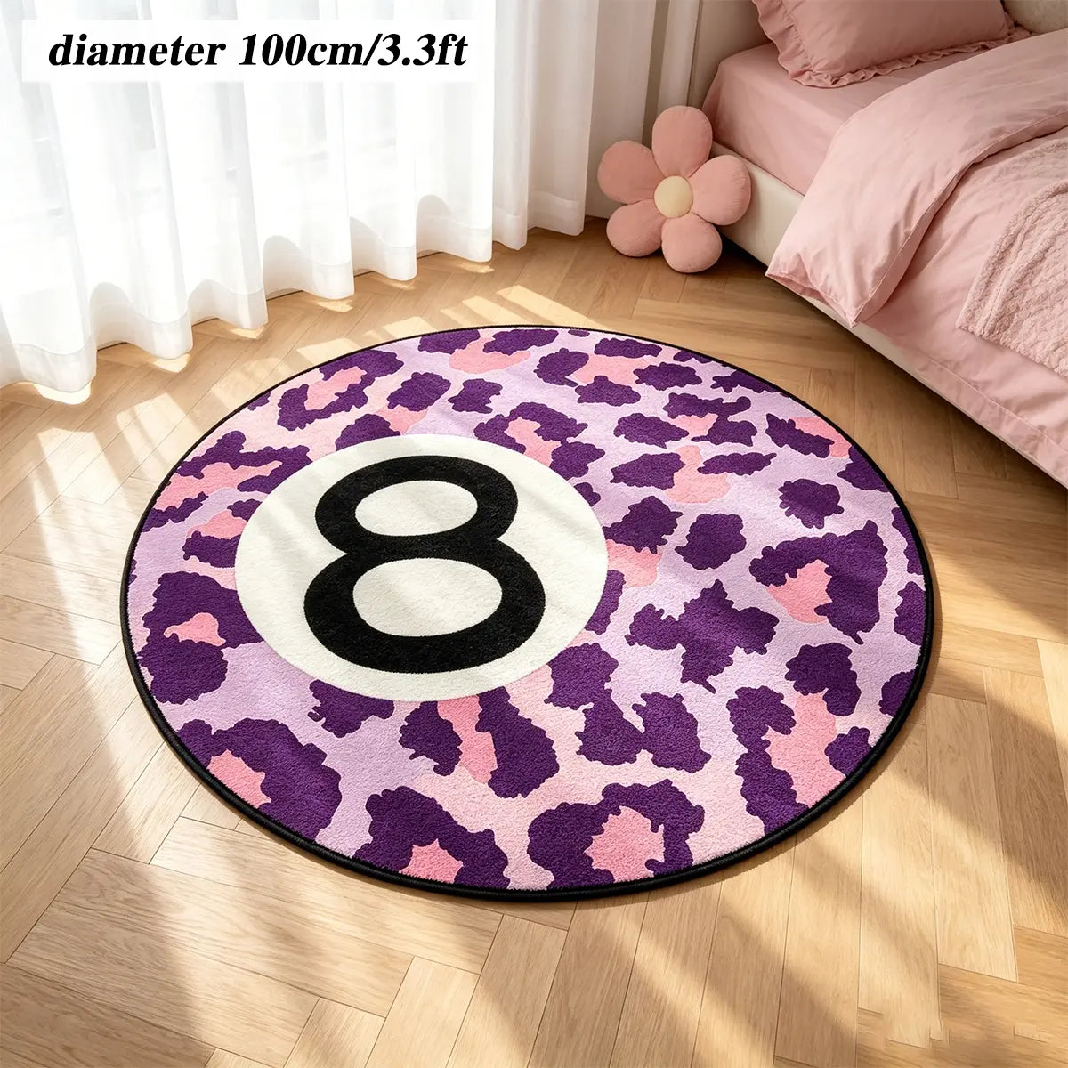 8 Ball Leopard Print Round Rug for Game Room, Man Cave, Dorm & Teen Bedroom, Soft Non-Slip Round Accent Rug, Anti Skid Rug, Perfect Retro Gift