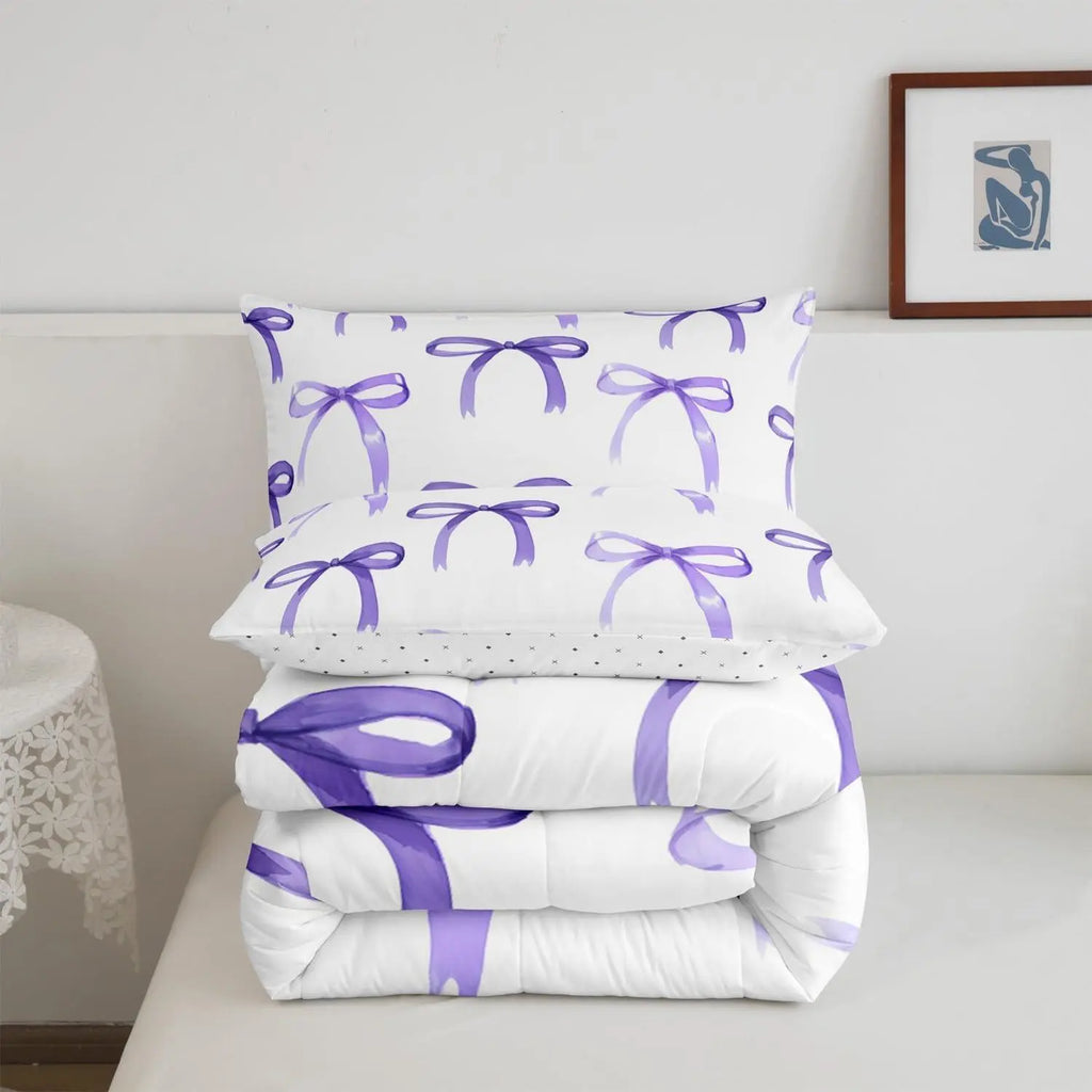 Feelyou Bow Pattern Duvet Cover Set - Ultra Soft Purple Bowknot Kids Bedding Set, Machine Washable Single Bedding, Travel-Friendly Kawaii Kids Rooms Decor