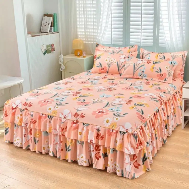 Floral Print Ruffled-Edge Bed Skirt Set, 3 Counts/set Bed Skirt & Pillowcases (No Filler), Soft Bed Sheet Sets, Comfortable & Breathable Bedding for Home Bedroom, Machine Washable Bed Accessory #GLOBAL PICKS
