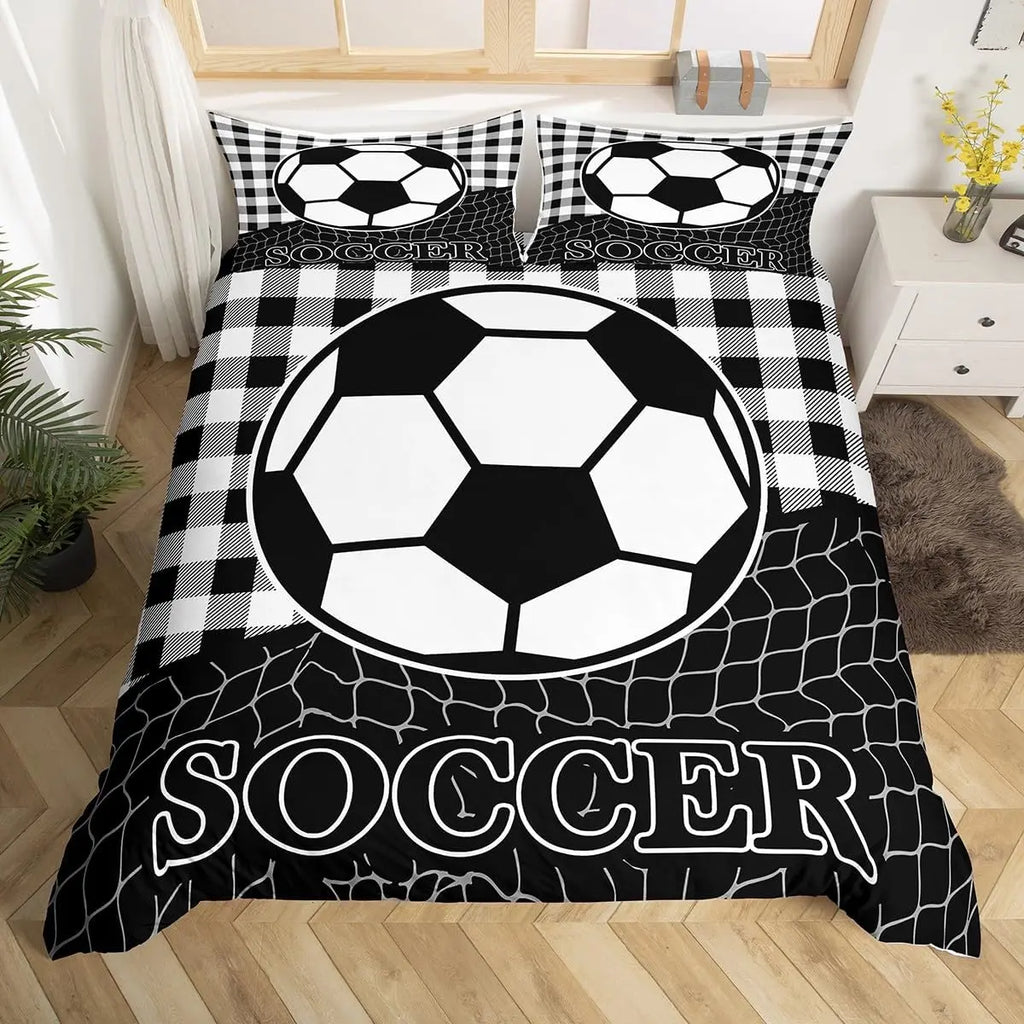 Soccer Duvet Cover Set - Luxury Black and White Geometric Print Flat Weave, Breathable Contemporary Bedding for Teens, Boys, Children, Stain-Protective Soft Bed Cover for Football Watch Parties, Multi-Size (No Comforter, King Option Included)