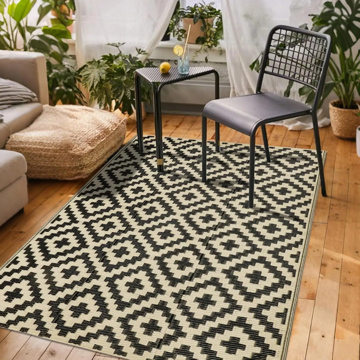 Geometric Pattern Waterproof Double-Sided Outdoor Rug, Outside Rug, 1 Count Modern Checkered Area Rug for RV, Terrace, Backyard, Deck, Beach and Camping Patio Rug #GLOBAL PICKS