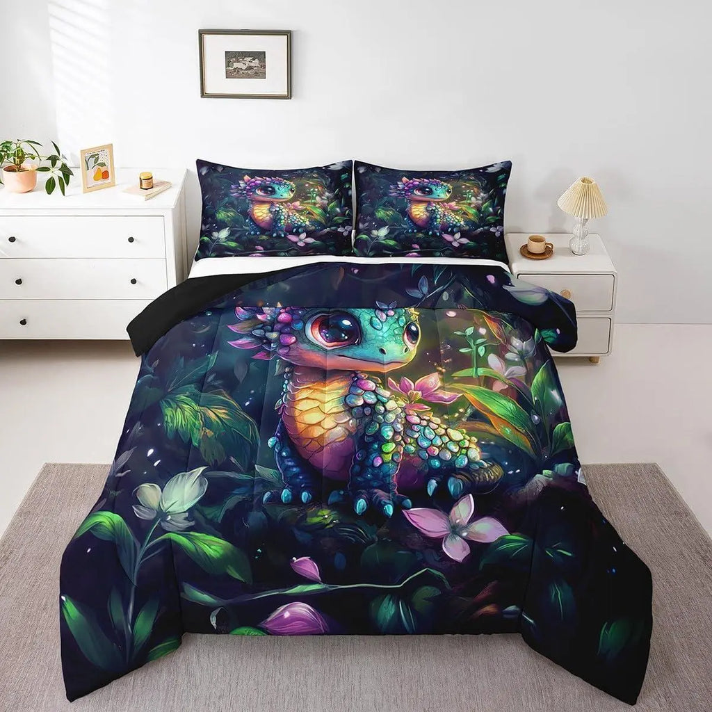 Feelyou Black-Green Wildlife Print Dragon Comforter Set, Flower Printed Bedding with Travel-Friendly Design, Themed Look Duvet Set for Teens, Bedroom Decor Ideas