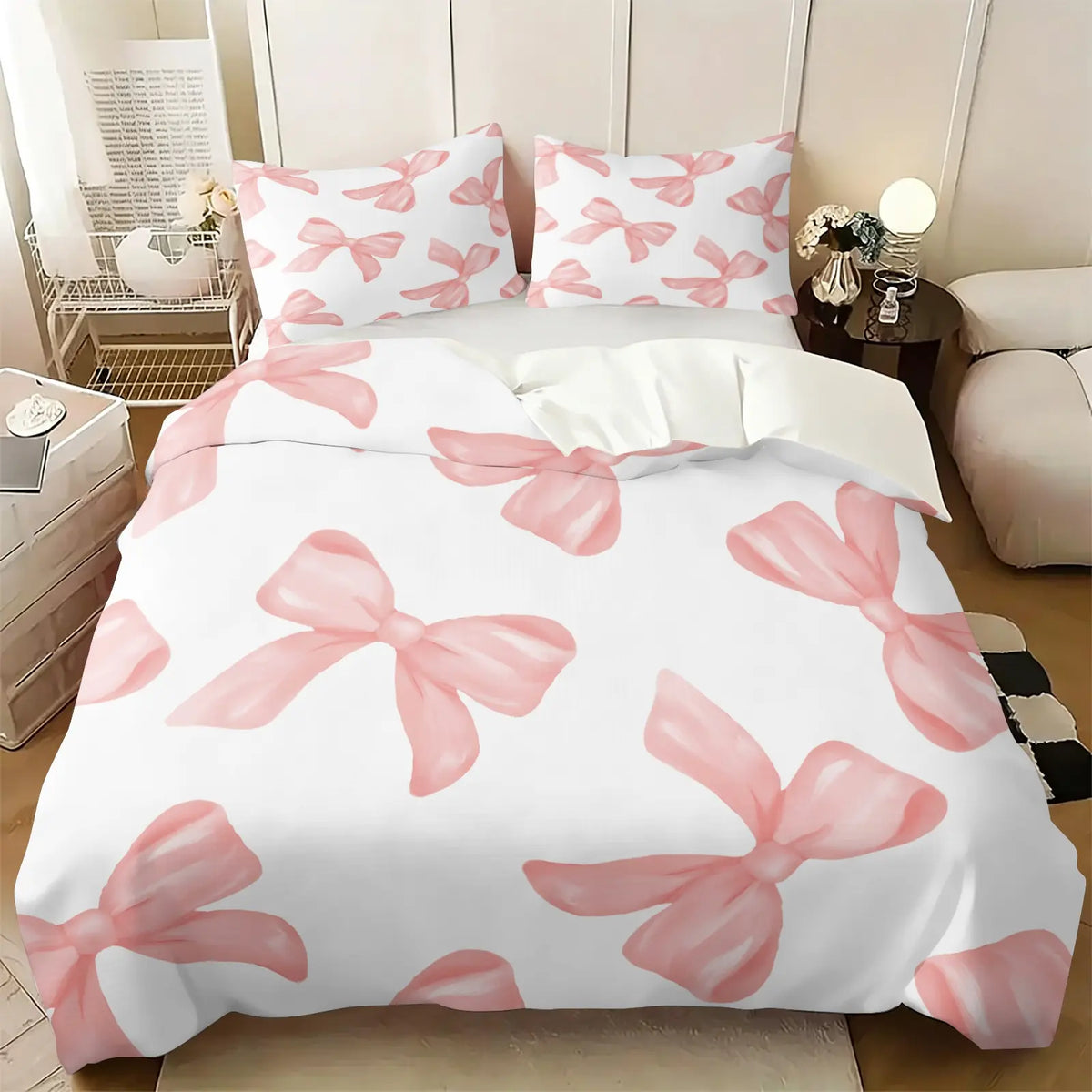 Milk Tea Color Cow Print Bow Duvet Cover Set-1 Duvet and 1-2 Coreless Pillowcases-Star-Decorated Bow and Cow Print Patchwork Bow-Soft Breathable-Vintage Gentel Style for Kids' & Girls' Bedroom Decor