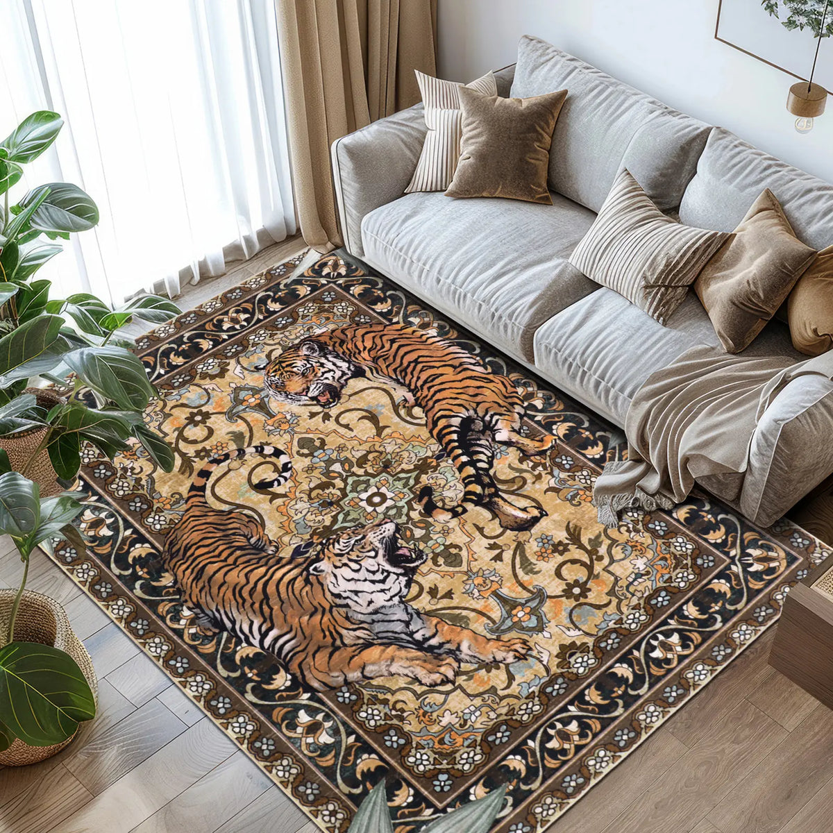 Geanup Tiger Area Rug - Green, Washable, Non-Slip, Soft Botanical Low-Pile Decorative Animal Floor Rug for Living Room House Decor, Area Rugs