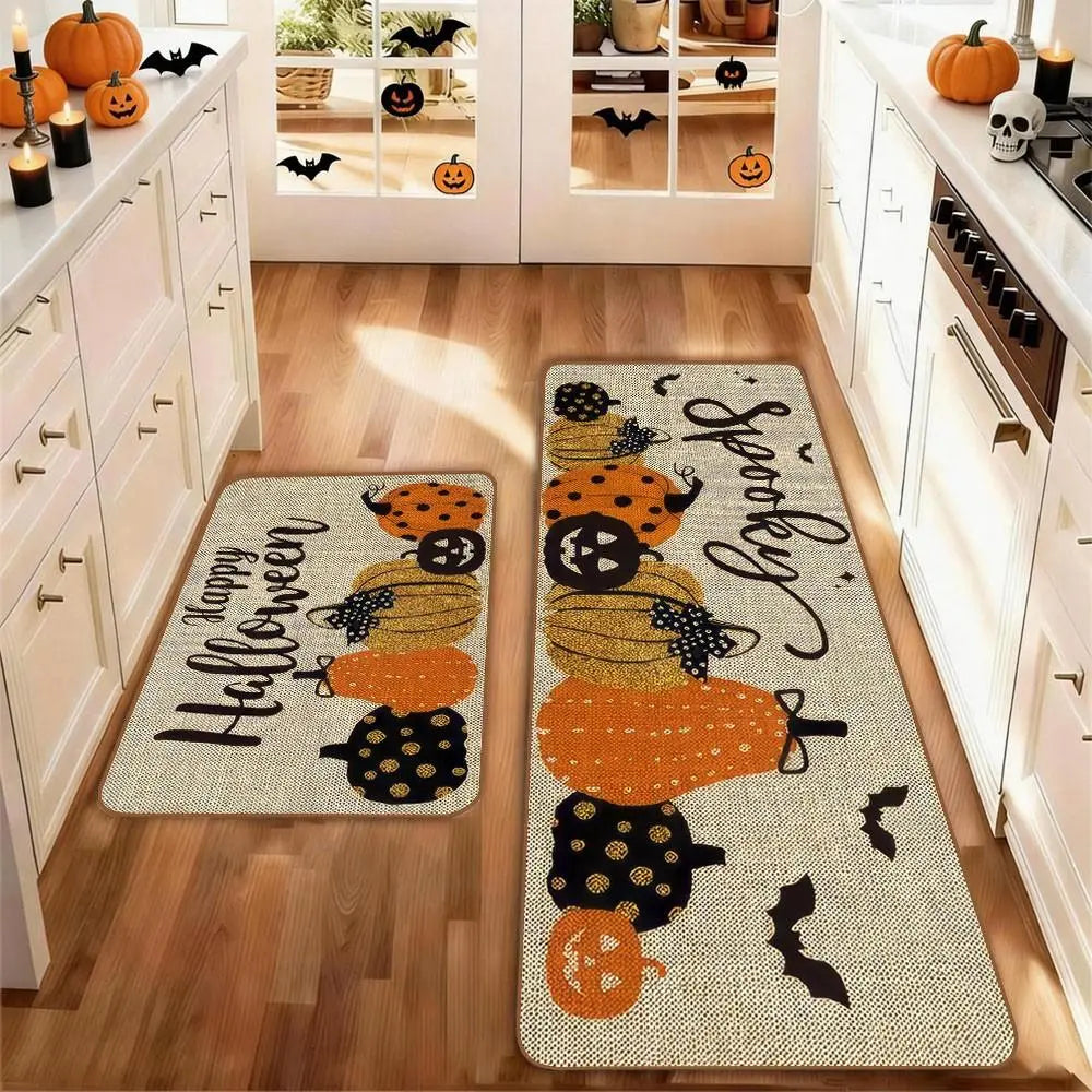 Set of 2 Halloween Pumpkin Style Kitchen Rugs, Washable Non-Slip, Low Profile Floor Mats for Kitchen, Laundry Room, Hallway, Entrance Mat
