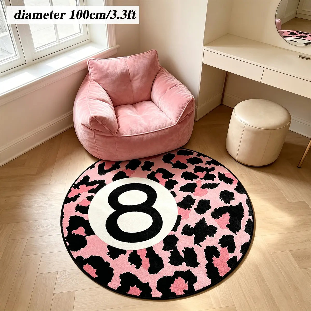 8 Ball Leopard Print Round Rug for Game Room, Man Cave, Dorm & Teen Bedroom, Soft Non-Slip Round Accent Rug, Anti Skid Rug, Perfect Retro Gift