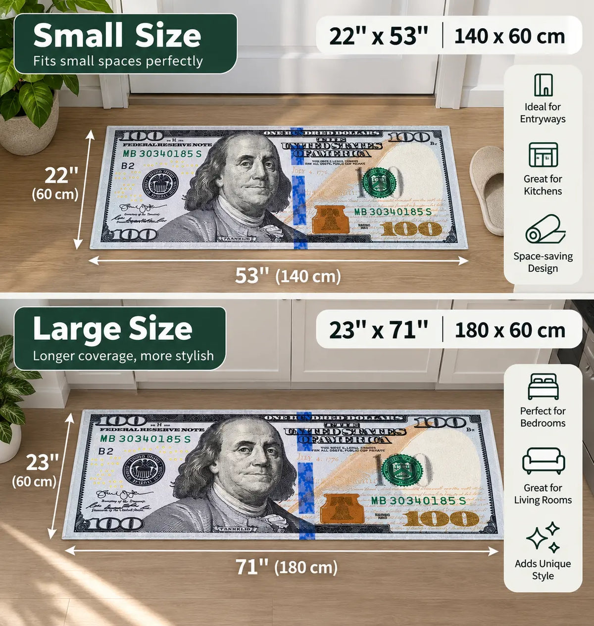 AISOON Durable Area Rug - 100 Dollar Bill Print, Non-Slip, Stain-Resistant, Ultra Thin, Polyamide, Multicolor, 22"x53"/23"x71" Decorative Rug for Entryway, Bedroom Indoor Floor Use