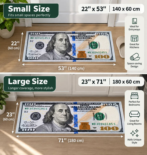 AISOON Durable Area Rug - 100 Dollar Bill Print, Non-Slip, Stain-Resistant, Ultra Thin, Polyamide, Multicolor, 22"x53"/23"x71" Decorative Rug for Entryway, Bedroom Indoor Floor Use