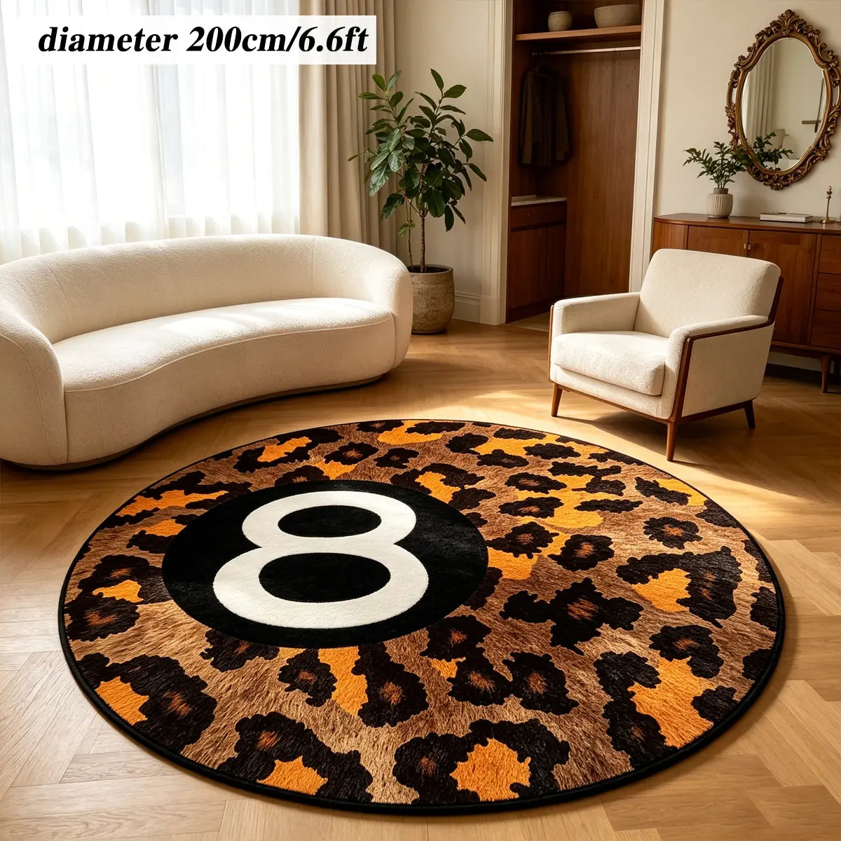 8 Ball Leopard Print Round Rug for Game Room, Man Cave, Dorm & Teen Bedroom, Soft Non-Slip Round Accent Rug, Anti Skid Rug, Perfect Retro Gift