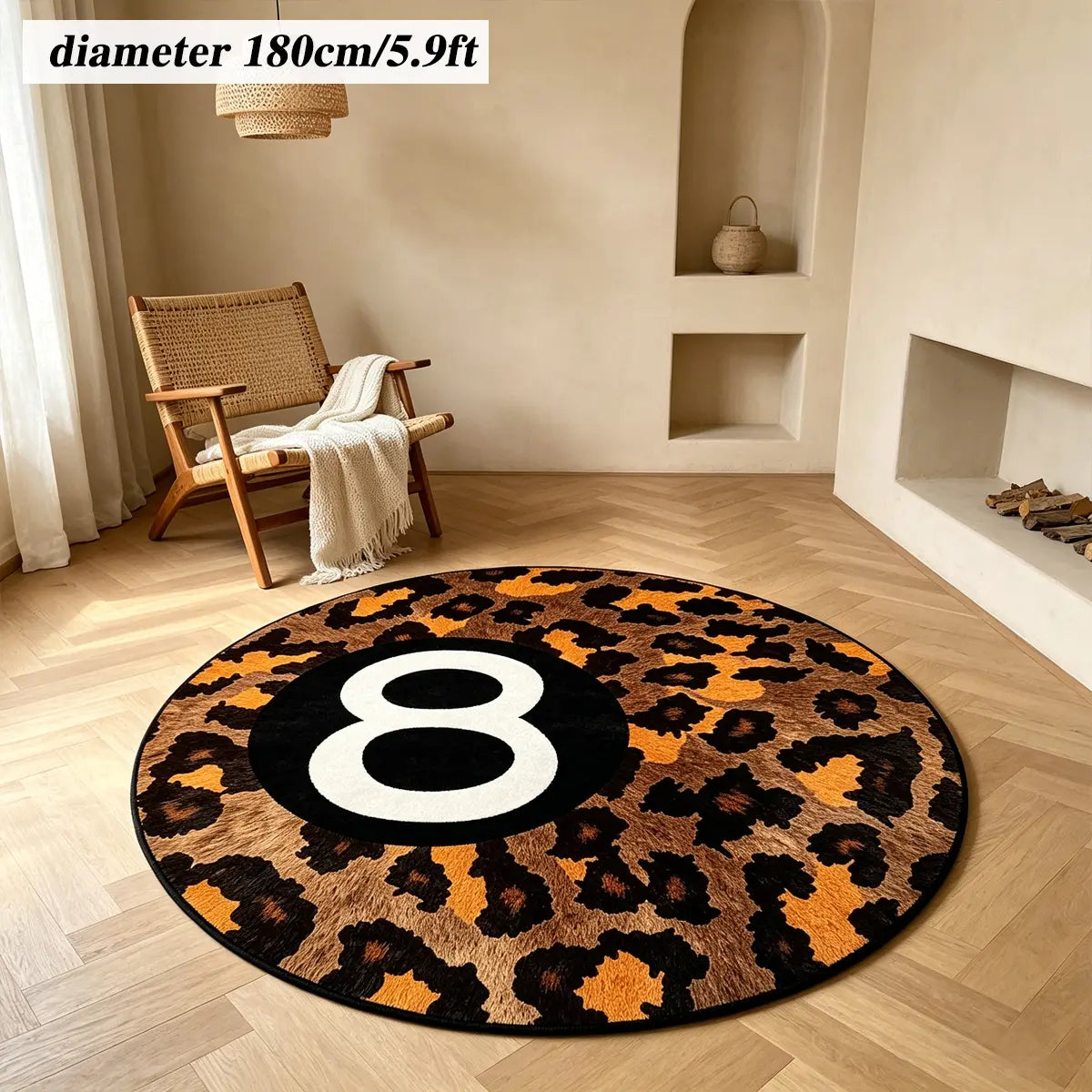 8 Ball Leopard Print Round Rug for Game Room, Man Cave, Dorm & Teen Bedroom, Soft Non-Slip Round Accent Rug, Anti Skid Rug, Perfect Retro Gift