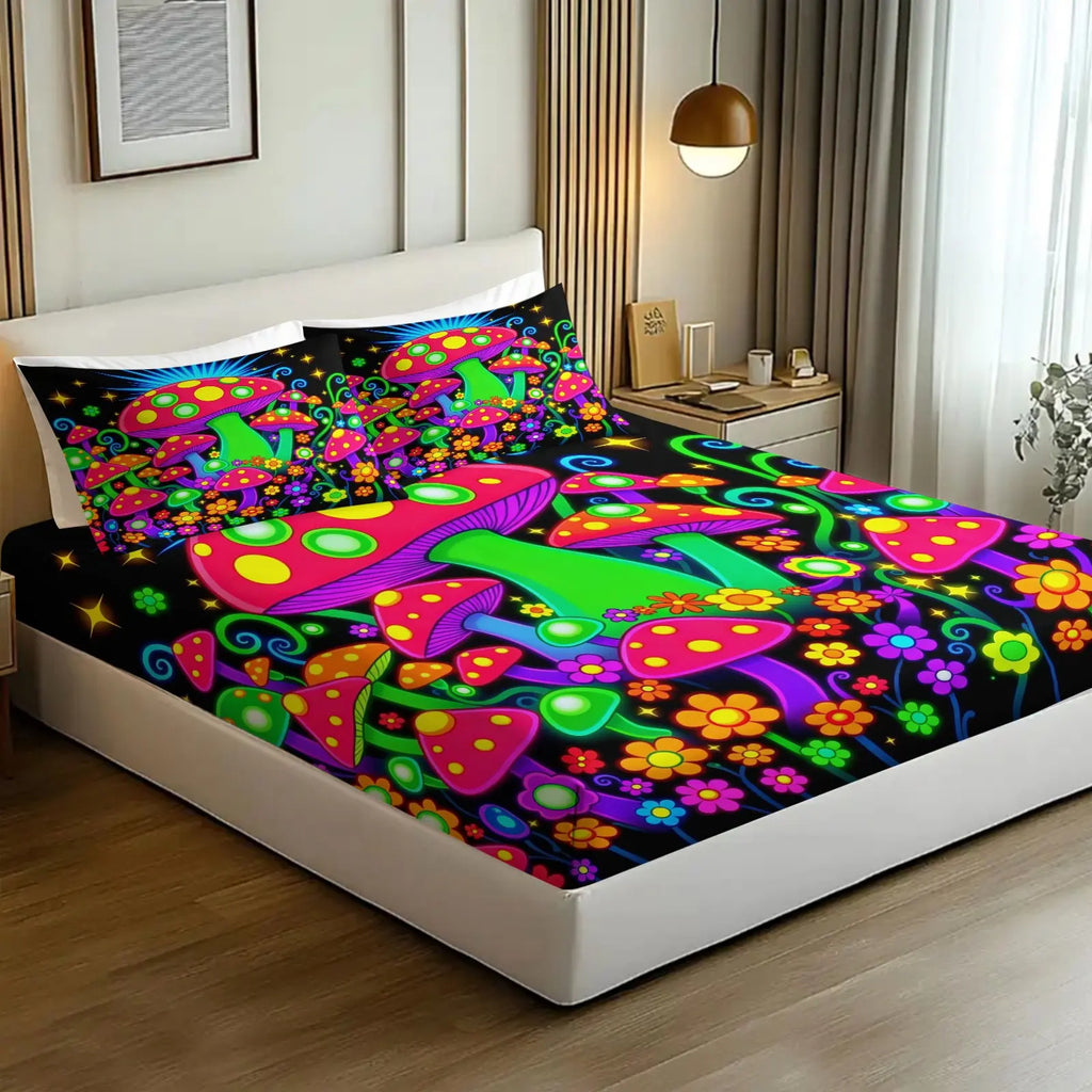 Rainbow Mushroom Fitted Sheet Set, Glowing Mushrooms and Starry Night Bedding Set for Kids Boys Girls,Colorful Flowers Bed Sheet Set 3 Pieces, 1 Fitted Sheet and 2 Pillowcase