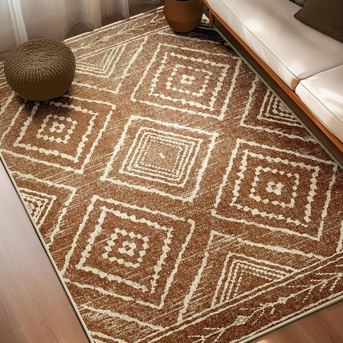 BESTSWEETIE Indoor Area Rugs - 8x10/9x12/10x14 Large Geometric Boho Rugs, Soft Faux Wool Low-Pile, Machine Washable, Non-Slip, Wrinkle Resistant, Print, Easy-Maintenance Distressed Western Carpets for Living Room Decor & Bedroom, Home Essentials