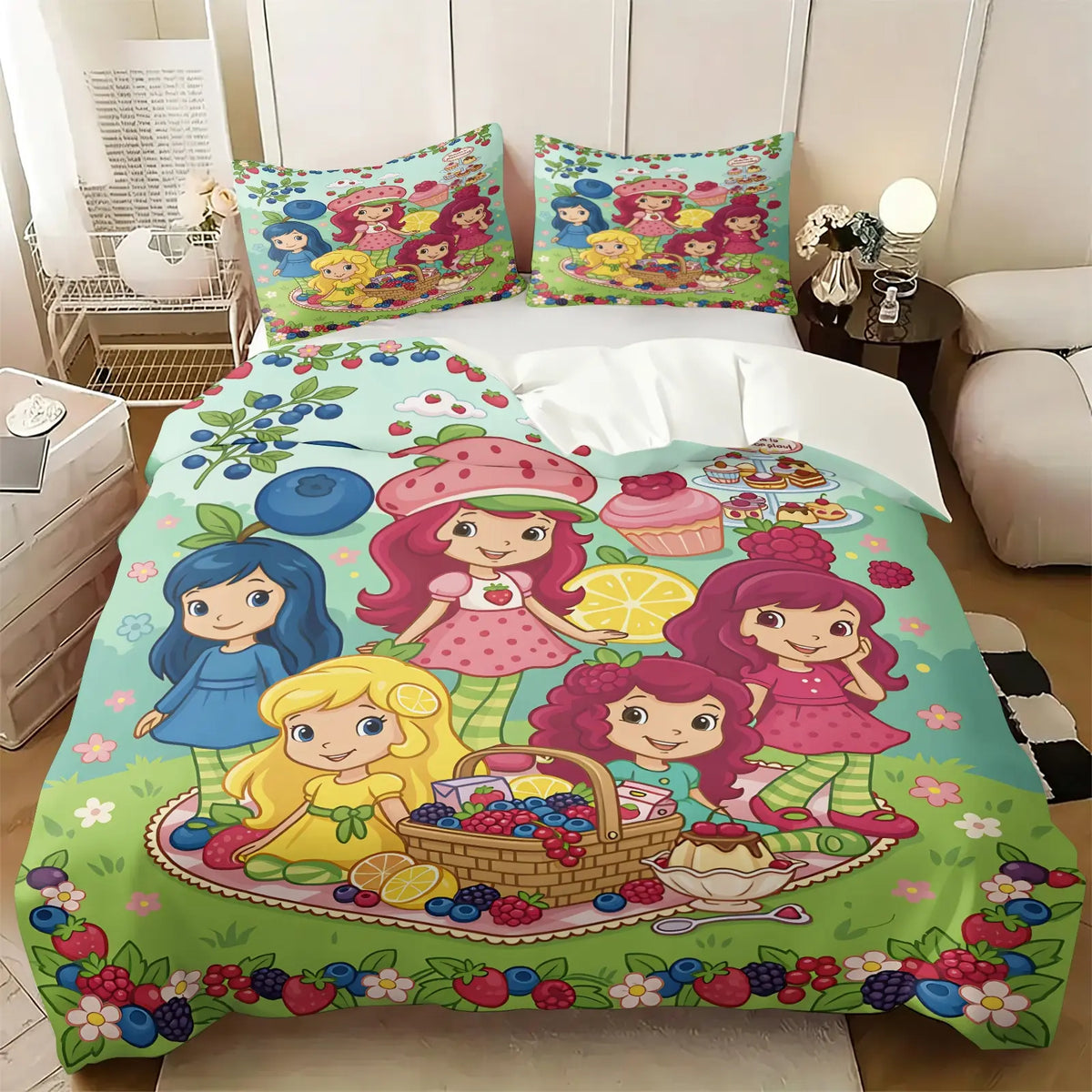 Light Green Strawberry Girl Cartoon Duvet Cover Set-1 Duvet & 1-2 Pillowcases-Strawberry Girl with Pink Kitten, Strawberry and Cupcake-Comfortable Breathable-Kids Bedroom Decor-Nostalgic Gift for Fans