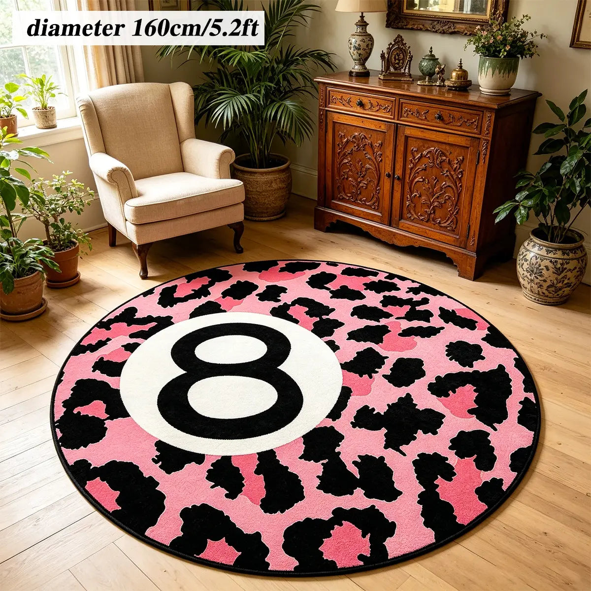 8 Ball Leopard Print Round Rug for Game Room, Man Cave, Dorm & Teen Bedroom, Soft Non-Slip Round Accent Rug, Anti Skid Rug, Perfect Retro Gift