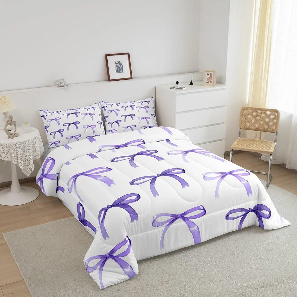 Feelyou Bow Pattern Duvet Cover Set - Ultra Soft Purple Bowknot Kids Bedding Set, Machine Washable Single Bedding, Travel-Friendly Kawaii Kids Rooms Decor