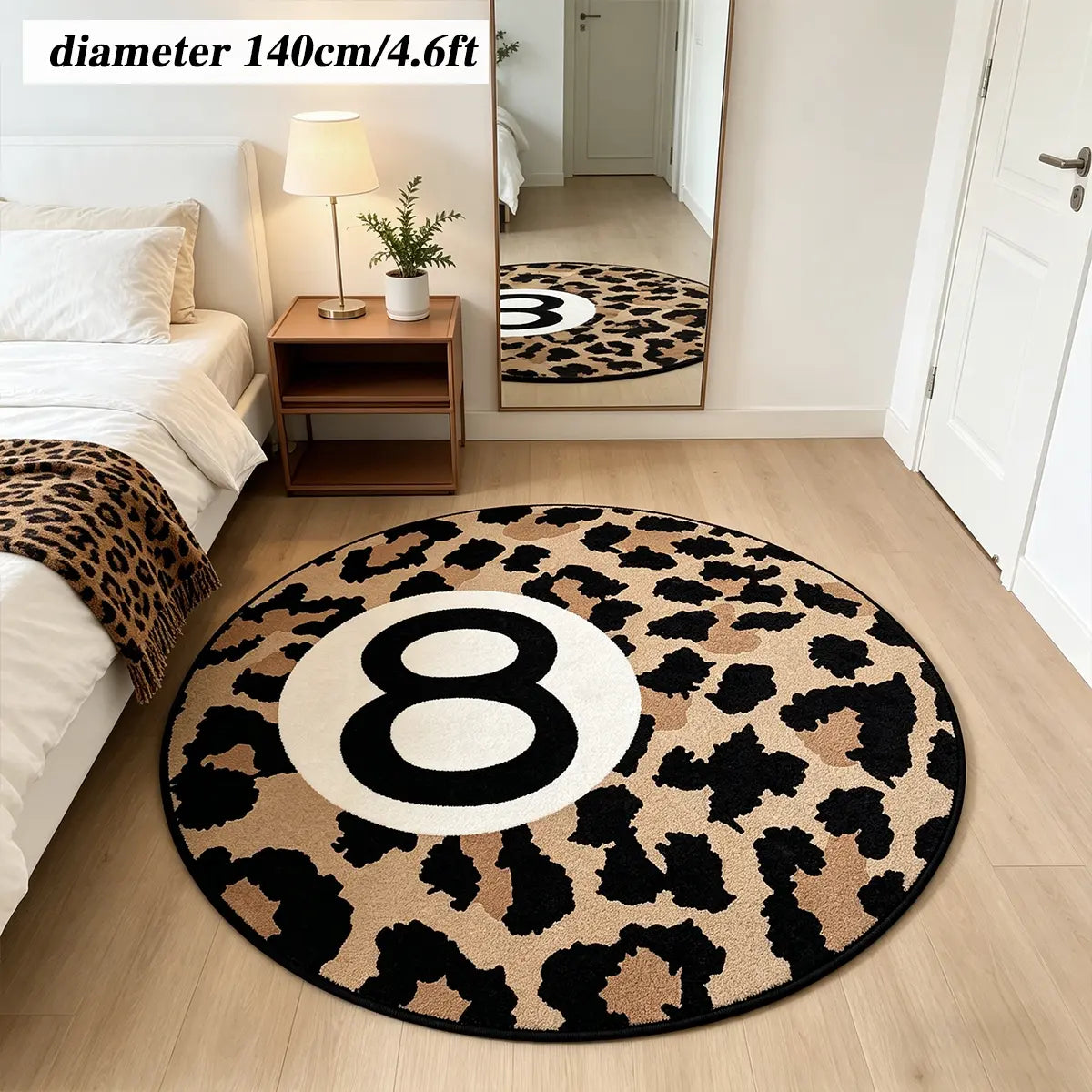 8 Ball Leopard Print Round Rug for Game Room, Man Cave, Dorm & Teen Bedroom, Soft Non-Slip Round Accent Rug, Anti Skid Rug, Perfect Retro Gift