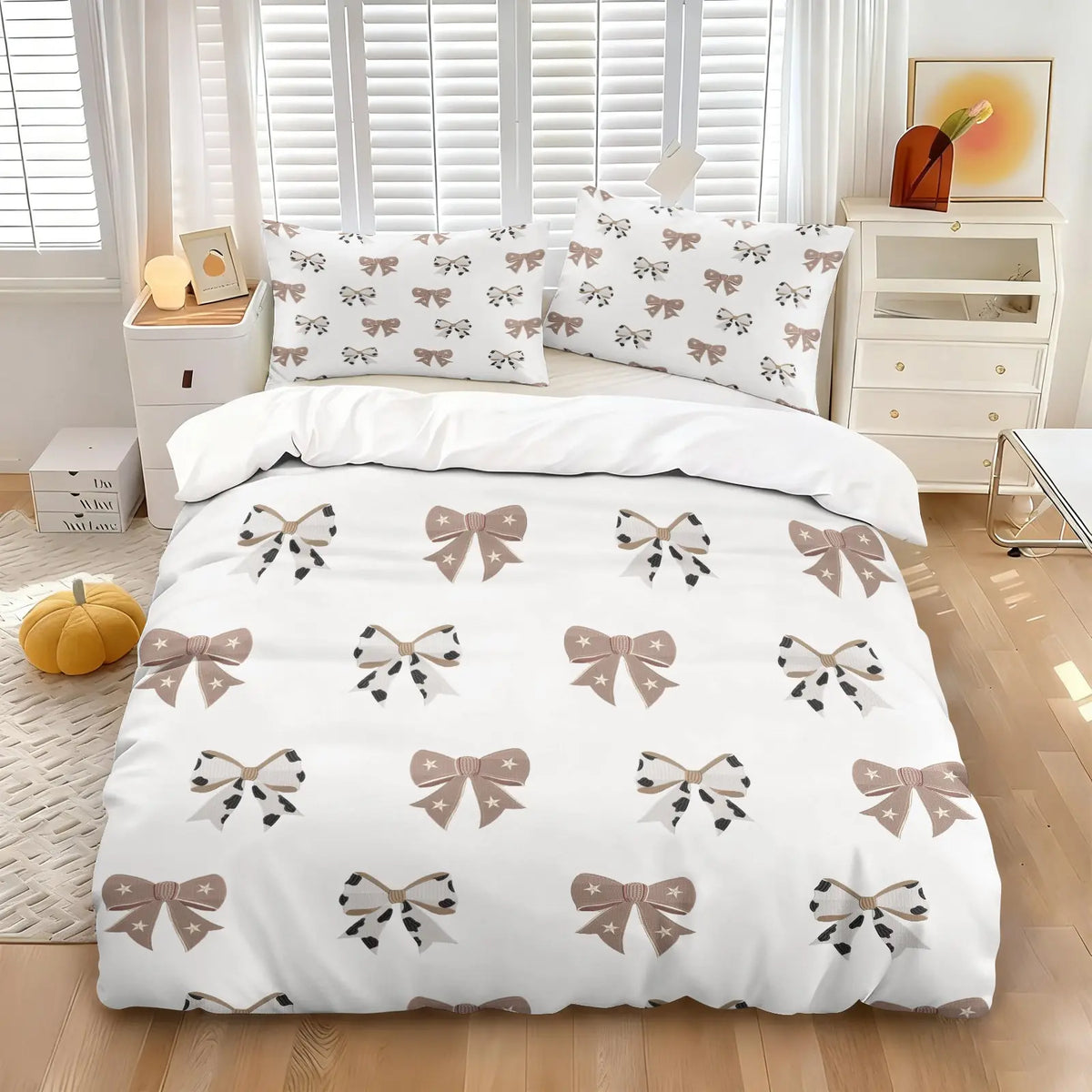 Milk Tea Color Cow Print Bow Duvet Cover Set-1 Duvet and 1-2 Coreless Pillowcases-Star-Decorated Bow and Cow Print Patchwork Bow-Soft Breathable-Vintage Gentel Style for Kids' & Girls' Bedroom Decor